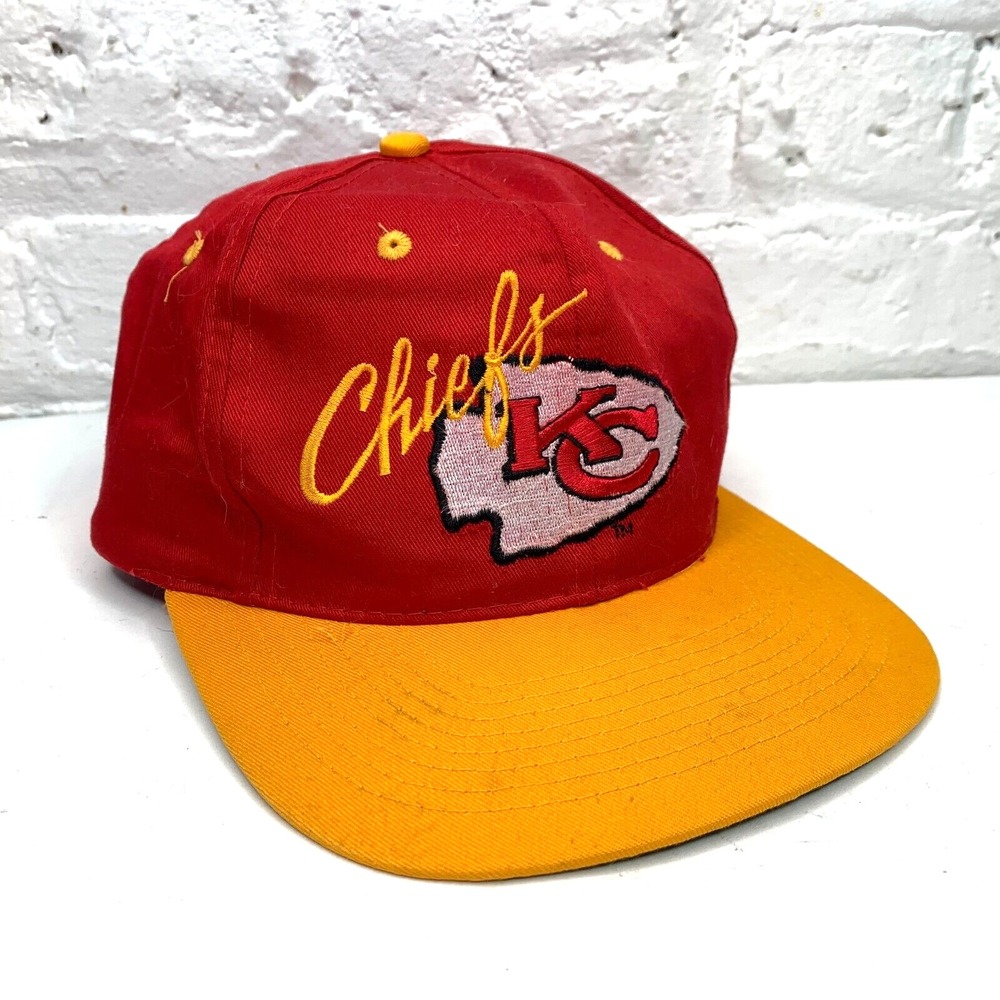 Vintage 90s Kansas City Chiefs AJD‎ Script NFL Snapback Hat Red Yellow Logo